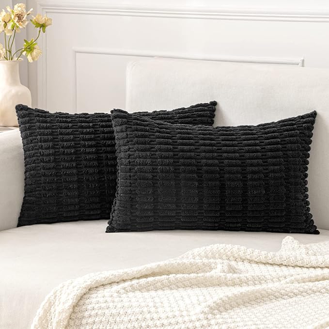 MIULEE Lumbar Corduroy Decorative Throw Pillow Covers 12x20 Black Pack of 2 | Soft Boho Striped Pillow Covers Modern Farmhouse Home Decor For Sofa Living Room Couch Bed