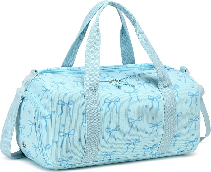 Gym Bag Sports Duffle Bag with Wet Pocket Weekender Overnight Bags with Waterproof Shoe Pouch and Air Hole for Girls Kids Women Workout Travel Bags (Bow Tie Blue)