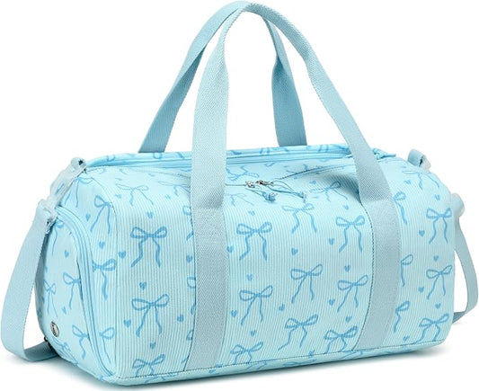 Gym Bag Sports Duffle Bag with Wet Pocket Weekender Overnight Bags with Waterproof Shoe Pouch and Air Hole for Girls Kids Women Workout Travel Bags (Bow Tie Blue)
