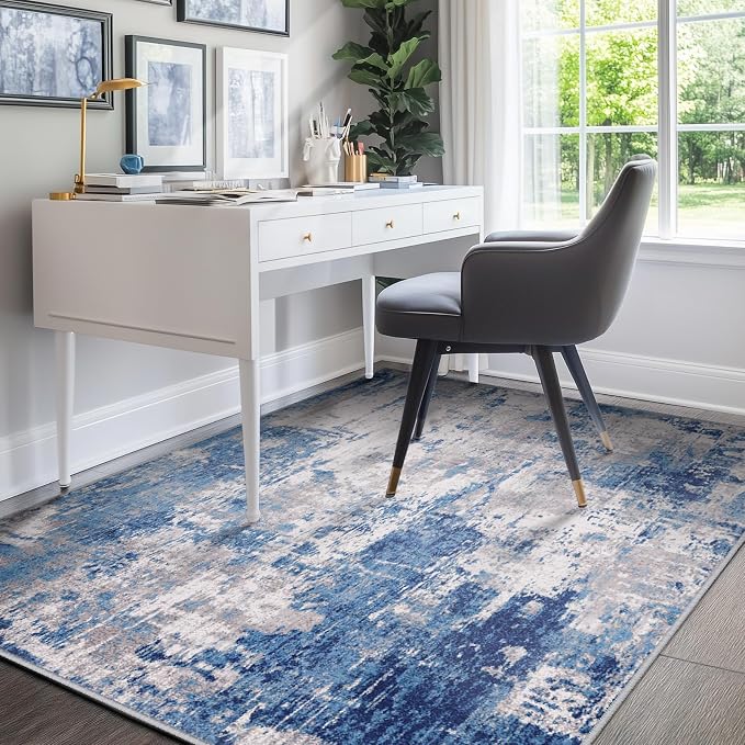 RELEANY Washable 7'x9' Abstract Area Rug for Living Room Blue Gray | carpet for bedroom, kitchen, office, hallway and entryway, printed pattern, non-slip, soft, stain-resistant, easy to clean