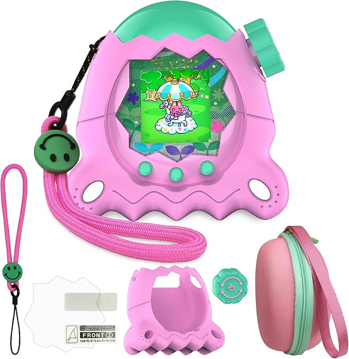 JCHPINE Hard Case and Silicone Cover for Tamagotchi Paradise Electronic Pet, Protective Cases for Tamagotchi Paradise with Screen Protector and Lanyard (Pink)