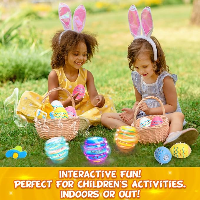 Light Up Easter Eggs Toy Gifts for Kids, 6 Easter Egg Spinning Tops with Flash & Music, Easter Basket Stuffers, Easter Eggs Hunt Prize, Kids Goodie Bag Fillers, Party Favor Novelty Bulk Toys