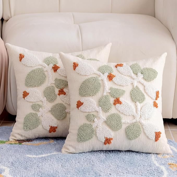Summer Botanical Throw Pillow Covers 20x20 Inch Set of 2, Chenille Embroidered Pillowcase with 3D Tufted White Floral Vine Sage Green Leaves, Boho Decorative Cushion Covers for Couch Sofa Bed