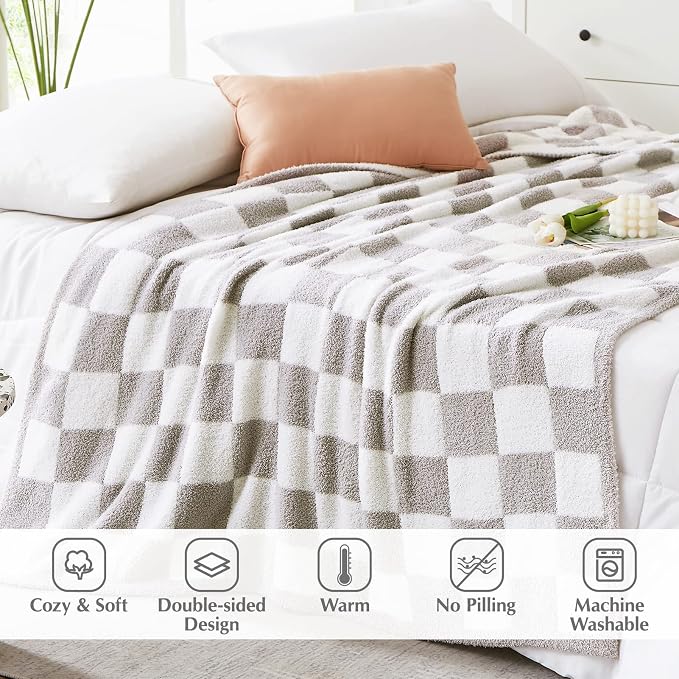 Soft Checkered Throw Blanket for Couch-Cozy Warm Knitted Blankets | Lightweight Warm Fluffy Decor for Women, Mom, Her & Girls, Sofa, Chair, Bed, 50x70in,Light Grey