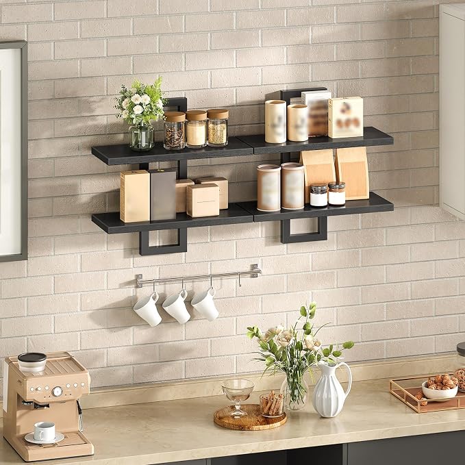 HOOBRO Floating Shelves, 15 Inch Wall Shelf Set of 2, Wall Mounted Storage Shelves 2-Tier, Hanging Bathroom Shelves, for Living Room, Bedroom, Bathroom, Kitchen, Black BK32BJ01