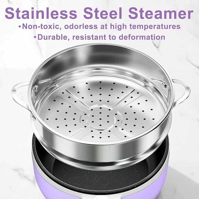 Dezin Hot Pot Electric with Steamer, 1.5L Non-Stick Portable Electric Pot | Dual Power, Upgraded 700W Electric Pot for Cooking Steak, Egg, Ramen Cooker for Dorm, RV, Office, Easy to Clean, Purple Pan