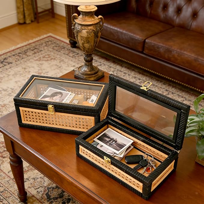 Black Rattan Decorative Storage Boxes with Glass Lids – Set of 2 Ribbed Wood Display Cases with Cane Weave & Solid Base – Nesting Coffee Table Organizer for Boho Chic Home Decor, Keepsakes
