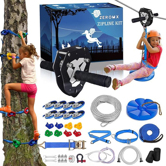 130FT Zip Line Kit for Kids & Adults, Up to 360 lbs - Updated Removable Trolley, Thickened Seat, Safety Harness, Quick Tighten - Backyard Outdoor Zipline with Tree Climbers, Christmas Birthday Gift