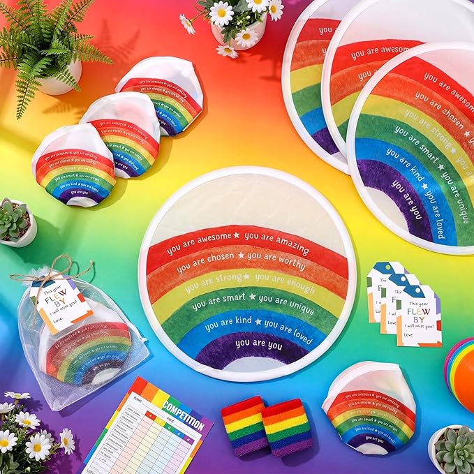 HyDren 36 Set End of The Year Gifts Rainbow Flying Disc Foldable Fans Bulk with Inspirational Card Organza Bag Beach Flying Disc for Fun Graduation Summer Birthday Party Favors Outdoor Activity Game