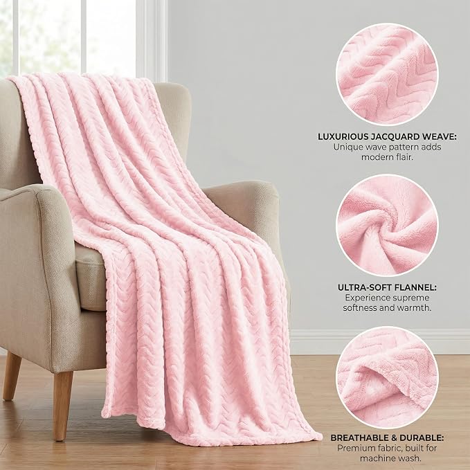 Exclusivo Mezcla Large Fleece Throw Blanket for Couch, Sofa, Light Pink | 50"x70" Soft Breathable Lightweight Flannel Throws for Summer, Plush Cozy Jacquard Wave Blanket for Home Decor