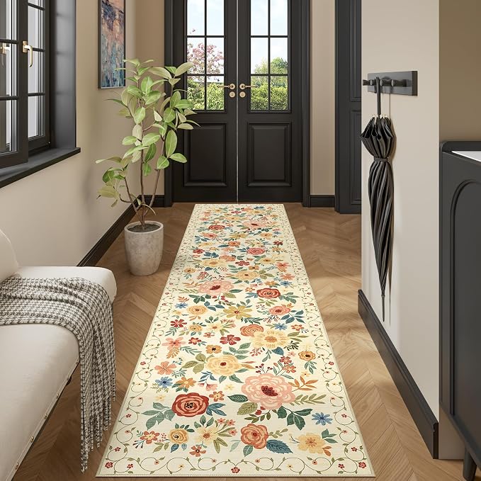 DUKINO 2.6x10 Hallway Runner Rug Washable Kitchen Rug Non Slip Beige Yellow | Soft, Low Pile, Floral Indoor Floor Rug Runner for Entryway, Bedroom, Bathroom, Laundry, Pet Friendly, Home Decor, Ultra-Thin