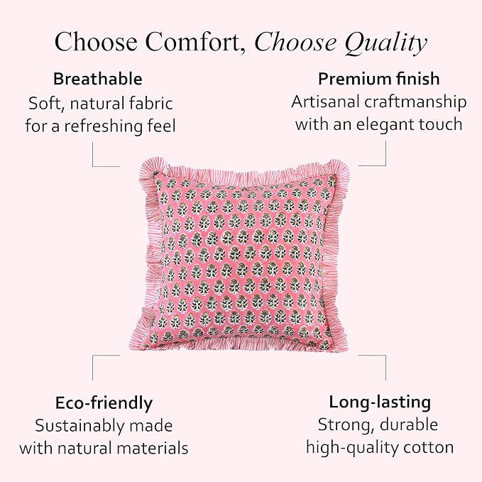 CPC Poppy Pink Ruffle Throw Pillow Covers for Couch, 16x16 Inch Cotton Stripe Ruffle Couch Pillows for Living Room, Hidden 12 Inch Zipper Boho Pillow Case or Cute Outdoor Pillows