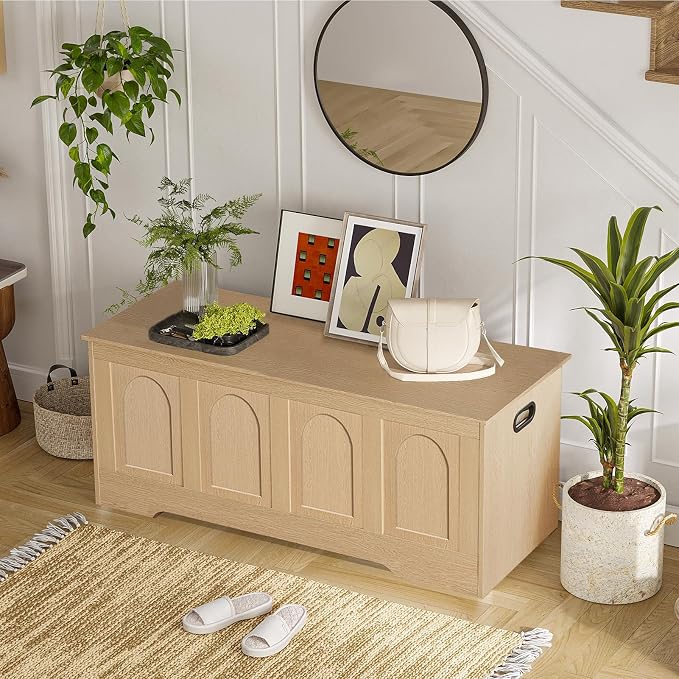 Storage Chest, Wooden Toy Box with Lid, Natural 47.2" L | Entryway Shoe Bench, 2 Soft-close Hinges, Finger-safe Flip-Top Lid, Easy Assembly, Farmhouse Large Trunk, Living Room/Bedroom