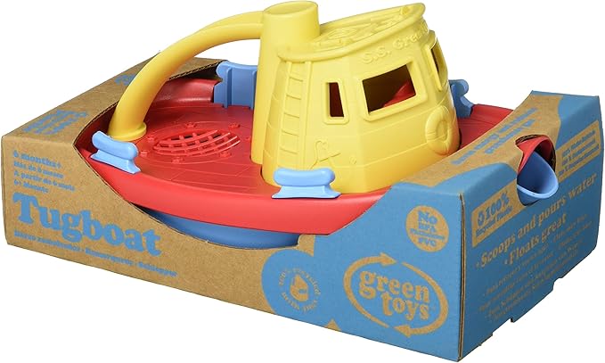 Green Toys Tugboat, Assorted CB - Pretend Play, Motor Skills, Kids Bath Toy Floating Pouring Vehicle. No BPA, phthalates, PVC. Dishwasher Safe, Recycled Plastic, Made in USA.