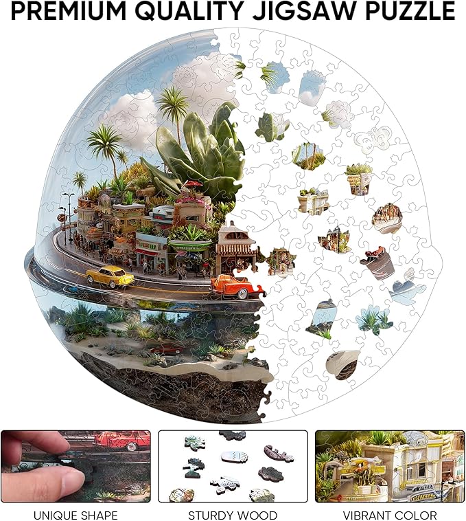 Ixfyloop Succulent Wooden Puzzles for Adults, City Street Jigsaw Puzzle 422 Pieces, Plant Unique Shape for Teens, Family Brain Game 16.1x15.3 inch