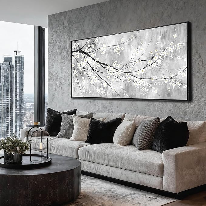 Black Framed Botanical Canvas Wall Art for Living Room 24x48 Inch
