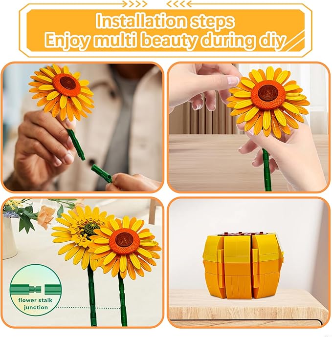 Flowers Sunflower Building Sets for Adults, Van Gogh Prints Art Botanical Collection for Woman Girls 14+, Artificial Pot Bouquet Plants Kits, Home Decor/Christmas/Valentine/Mother's Day Birthday Gifts