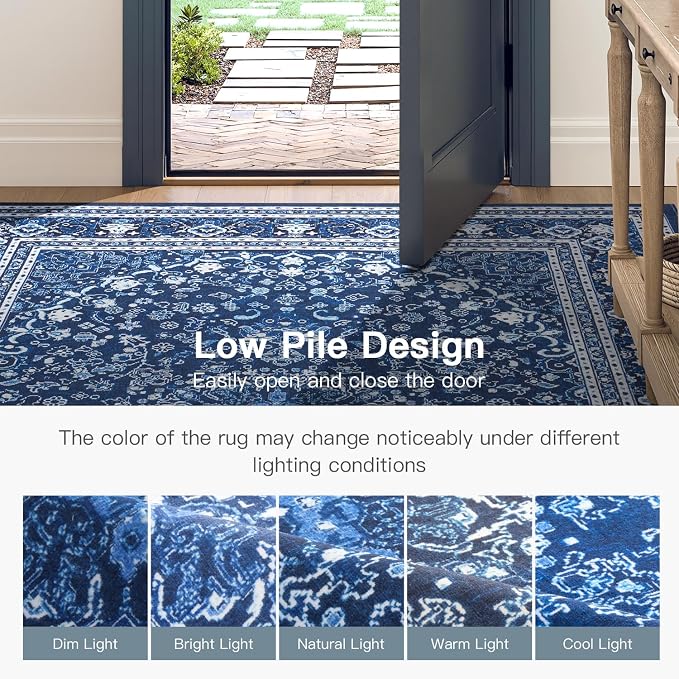 9x12 Area Rugs for Living Room, Washable Non-Slip Rug, Oriental Dark Blue | Area Rugs for Bedroom, Low Pile Large Carpets for Dining Room, Office, Indoor, Stain Resistant Vintage Oriental Print Rug