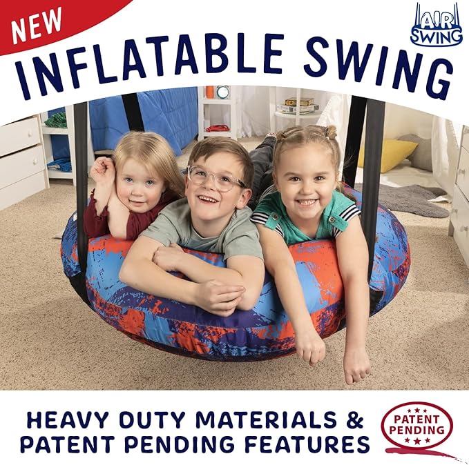 AIR Swing Giant 42” Inflatable Heavy Duty Saucer Swing Indoor Outdoor Playground, Jungle Gym, or Tree Ages 3+ UV-Protected Cover Durable Tube-Frame Adjustable Hanging Straps Carabiners - Blue/Red