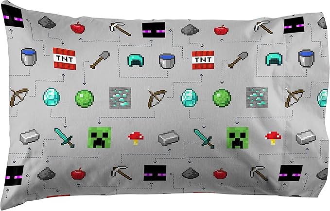 Jay Franco Kids Sheet Set with Fitted, Flat Sheets & Pillow Cover - Ultra-Soft Bedding with Pillowcase for Room Decor, Gray - Minecraft, 3 Piece Twin