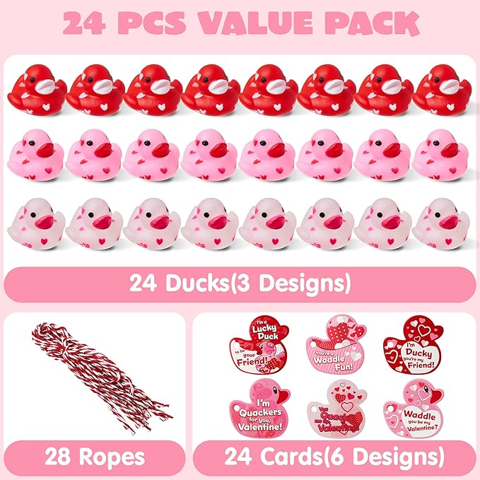 JOYIN 24 Pcs Valentine’s Day Mini Rubber Duck 1.2 Inches with Gift Cards, Small Rubber Duckies with Duck Card Tags, Rubber Duck Bath Toys for Classroom Exchange Prizes, Valentine Party Favors Toys