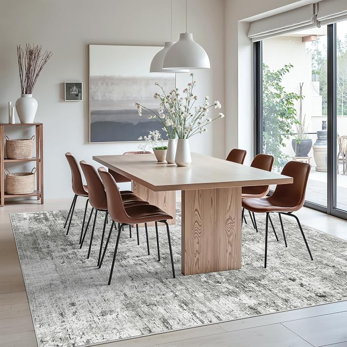 Soalmost Abstract Rug 8x10 Large Living Room Area Rugs Washable Gray/White | Modern Non-Slip Carpet for Dining Bedroom, Stain Resistant Foldable Thin Low Pile Floor Mat Under Table Home Office Decor
