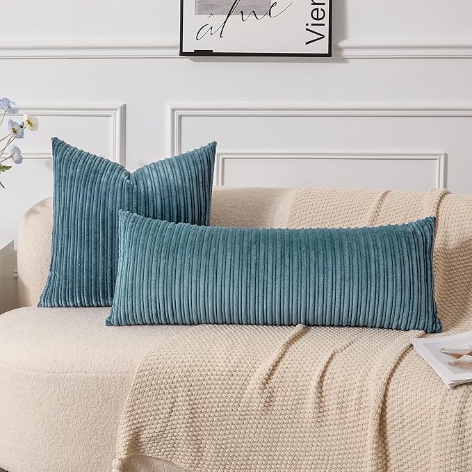 UGASA 14x36 Inch Pillow Cover Pack of 1 Soft Boho Stripe Corduroy Large Long Rectangle Lumbar Cushion Case Farmhouse Decorative Throw Pilowcase for Bed, Couch, Sofa, Bedroom, Living Room, Blue Grey