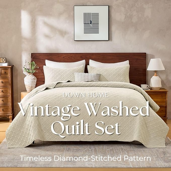 Queen Quilt Set with Shams Lightweight Quilted Bedspread Coverlet Thin Comforter Bed Cover Vintage Washed Quilted Blanket for All Season, Brushed Microfiber Diamond Stitching, Beige, 88"x92"