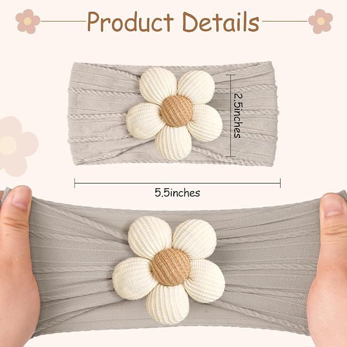 CÉLLOT Baby Flower Headbands Baby Girls Nylon Headbands Baby Essentials Stretchy Hairbands Handmade Hair Accessories for Newborn Infant Toddlers Kids (Pink,Khaki Gray,Dusty Pink)