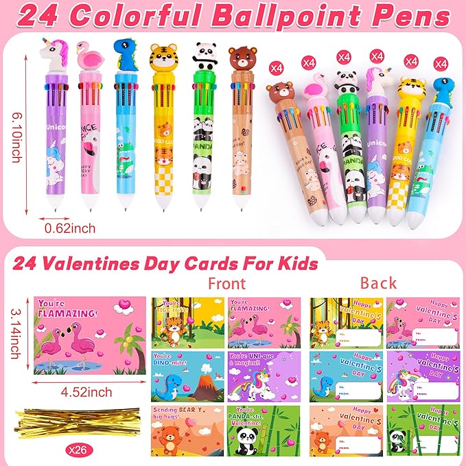 24 Pack Valentines Day Gifts for Kids Classroom 10-in-1 Multicolor Ballpoint Pens with Valentines Cards for Kids School, Valentines for Kids Classroom Class Exchange Gifts Party Favors for Boys Girls