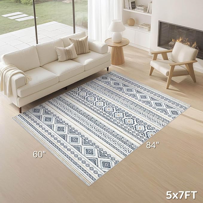 cotiled 5x7 Area Rugs Living Room Rug: Washable Boho Rugs with Non Slip Backing Large Soft Indoor Stain Resistant Carpet for Bedroom Farmhouse Dining Room Lightweight Home Decor Blue