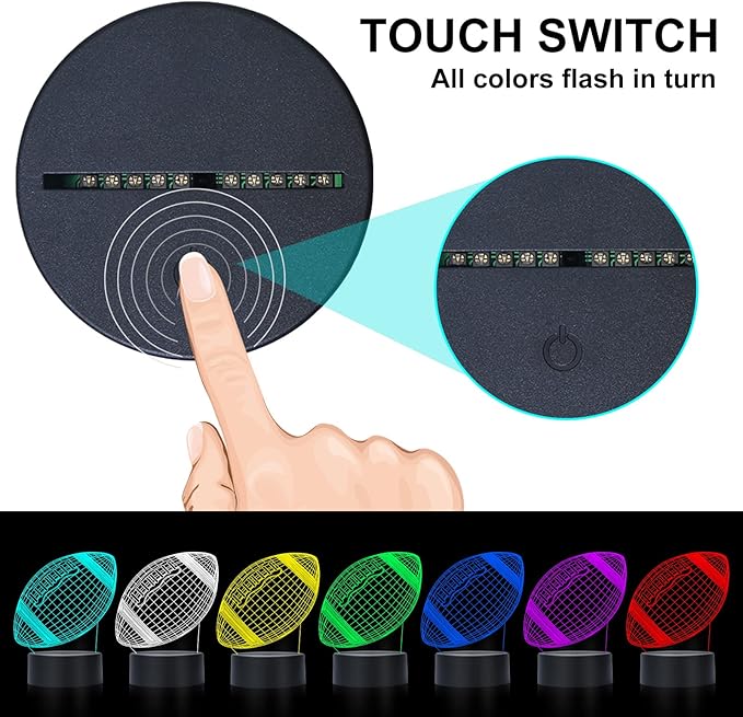 Football Night Light for Kids, 3D Illusion Night Lamp, USB LED Table Lamp Smart Touch Dimmer Lights 7 Color Changing Decor Lamp, Room Decor, Gifts for Children Boys Girls.