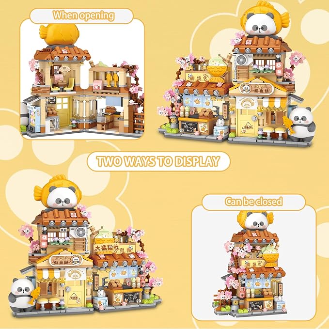 Cute Panda Mini Building Blocks Set, 858PCS MOC Mini Architecture Building Kits with Taiyaki Shop Street View Design - STEM Educational Construction Gift for Girls Boys Kids Adults