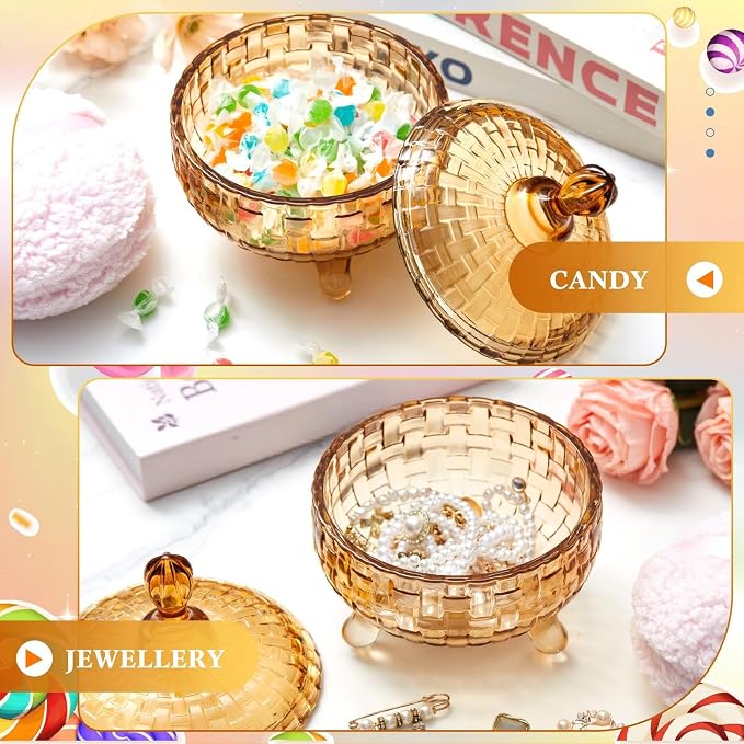 Tioncy 2 Pcs Extra Large Dusting Powder Puff and Container for Women-6'' Glass Crystal Dusting Powder Container with Body Soft Washable Reusable Velour Face(Amber,Weave Design)