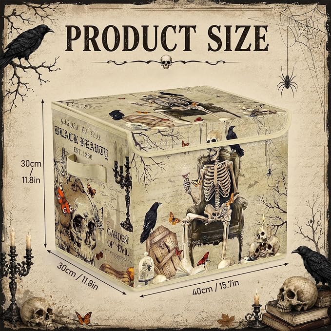 Briwooody Halloween Storage Bin with Lid and Carrying Handle Halloween Gothic Skull Foldable Storage Box Large Vintage Skeleton Decorative Collapsible Container Basket for Closet Home Bedroom Gift