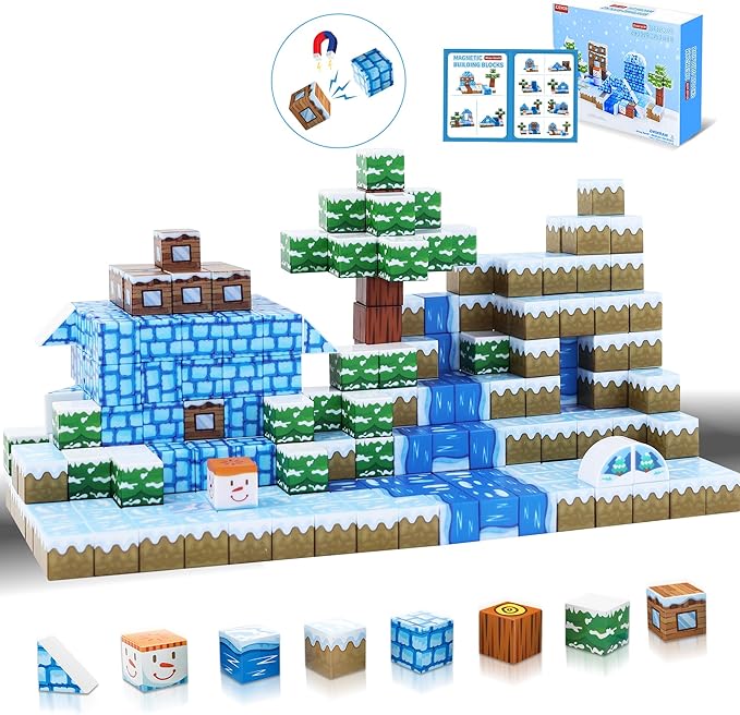 Magnetic Blocks 52PCS - Winter Scene Construction Cubes, STEM Preschool kit, Safe ABS no-Odor, CPC ASTM Certified, Travel-Ready for Ages 3–12, Perfect for Birthday