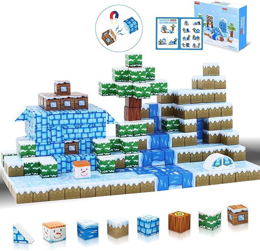 Magnetic Blocks 52PCS - Winter Scene Construction Cubes, STEM Preschool kit, Safe ABS no-Odor, CPC ASTM Certified, Travel-Ready for Ages 3–12, Perfect for Birthday