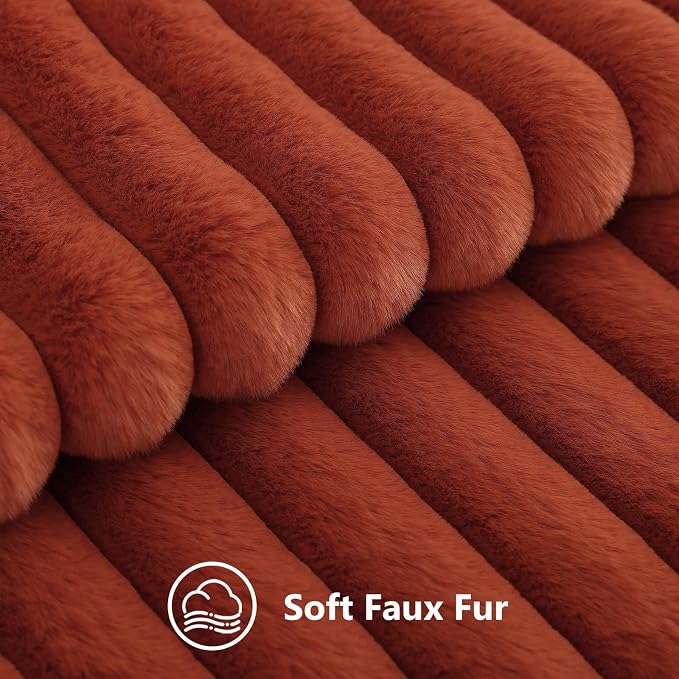 decorUhome Fall Faux Fur Throw Pillow Covers 26x26 Set of 2 Rust | Decorative Soft Cozy Striped Plush Modern Farmhouse Boho Couch Pillow Cases Velvet Back for Sofa Bed Living Room Home Decor