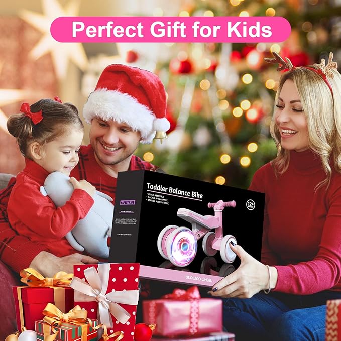 Colorful Lighting Baby Balance Bike Toys for 1 Year Old Girls Gifts, Toddler First Bike 12-24 Months with Adjustable Soft Seat, 4 Silent Wheels Ride on Toy, Perfect First Birthday Gift