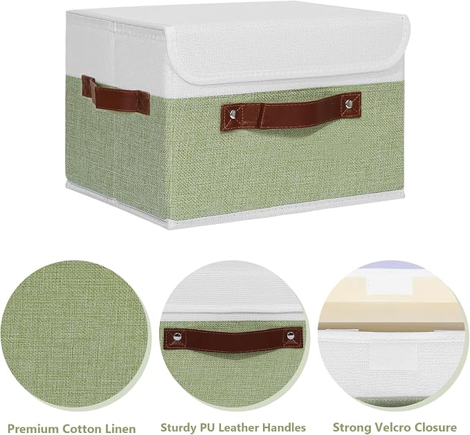 ANMINY Fabric Storage Box Bins with Lids, Green White, 15"x10"x10", 2 Pack | Keepsake Memory Storage, Cotton Linen, PP Board Reinforced, Washable, PU Handles, Foldable & Stackable, Decorative, Large
