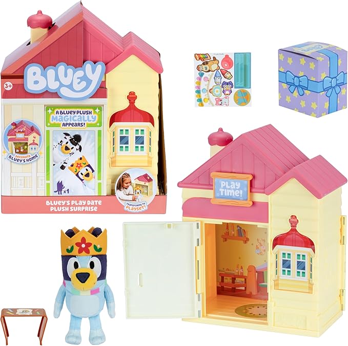Bluey Play Date Plush Surprise, Decorate House with Stickers, Attach The Play Time Sign, Then Open The Door for a Surprise Plush to Appear, Plush Style May Vary
