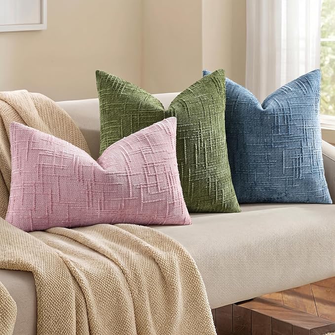 decorUhome Textured Chenille Throw Pillow Covers 18x18 Set of 2 Blush Pink | Fall Modern Farmhouse Soft Cozy Slubby Couch Pillow Cases Boho Decorative Pillow Cases for Bed Sofa Living Room Home Decor