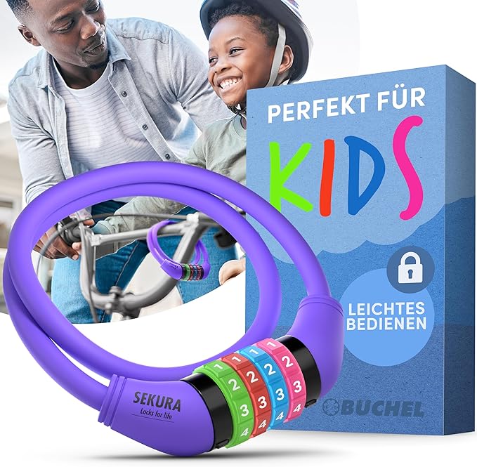 Büchel Bike Locks Cable for Kids - Colorful & Keyless - Secure Your Child's Bike - Easy-to-Use Bicycle Accessory, High Security 5 Digit Resettable Combination Coiling Bicycle Lock, Anti Theft
