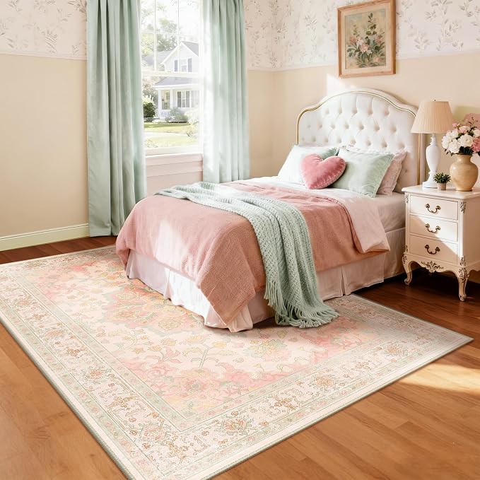 CAPALOCA 9x12 Washable Nursery Girls Low Pile Area Rug Pink Green | Non-Slip Soft Rugs for Bedroom Kids Playroom Living Room, Print Pattern Water Repellent Carpet Indoor Decor