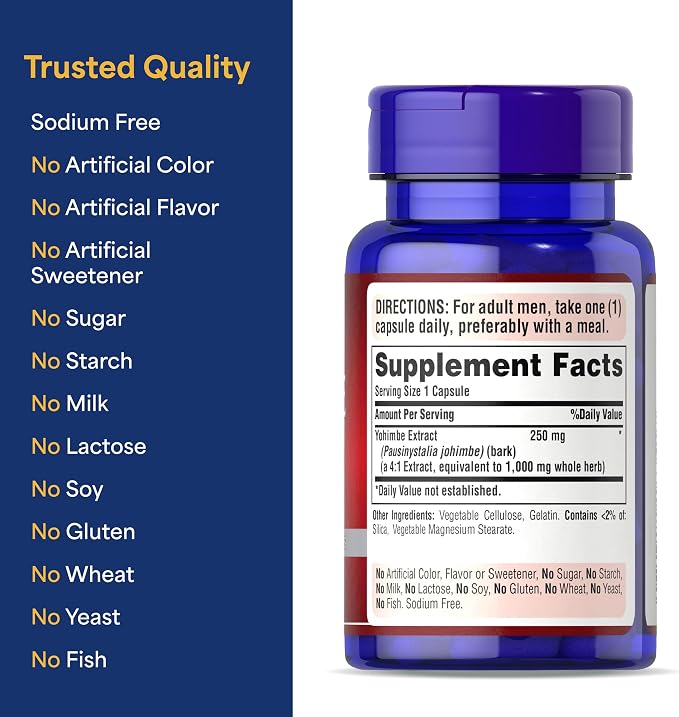 Puritan's Pride Yohimbe Exotic Herb for Men 250 mg, Dietary Supplement, 50 Rapid Release Capsules