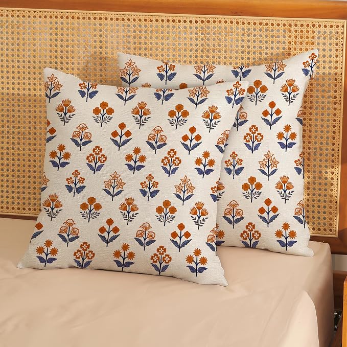 Farmhouse Floral Block Print Pillow Covers 18x18 Set of 2, Vintage Rustic Decorative Throw Pillows Modern Flower Cushion Covers for Sofa Couch Bed Living Room Home Decor, Navy Blue Orange