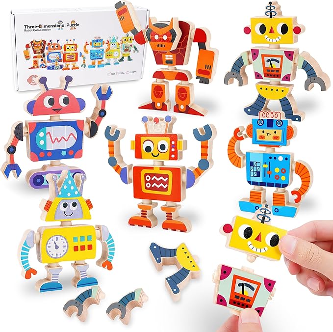 ATOYUS Wooden Robot Building Blocks Toys, STEM Montessori Preschool Toys for 3+ Year Old Toddlers, 35 Pcs Snap Together Take Apart Toy Playset for Kids Ages 3-5, Boys Girls Christmas Birthday Gifts