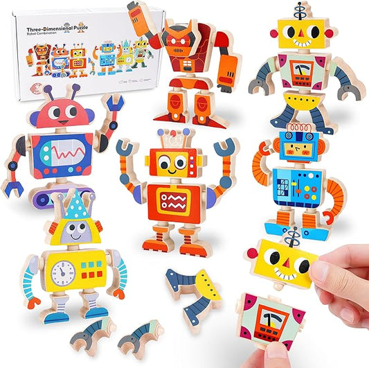 ATOYUS Wooden Robot Building Blocks Toys, STEM Montessori Preschool Toys for 3+ Year Old Toddlers, 35 Pcs Snap Together Take Apart Toy Playset for Kids Ages 3-5, Boys Girls Christmas Birthday Gifts