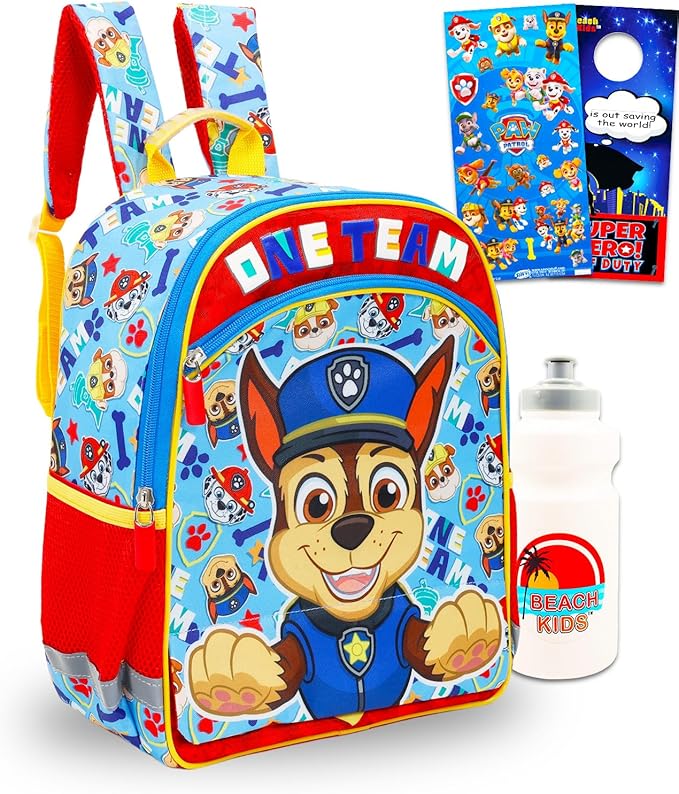 Paw Patrol Backpack for Boys Set - Bundle with 14” Bag Featuring Chase, Rubble, Marshall Plus Water Bottle, Stickers, More | Paw Patrol School Backpack for Kids