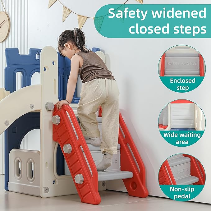 5 in 1 Toddler Slide, Extra-Long Kids Slide for Toddlers Age 1+ with Basketball Hoop and Ball, Storage Space, Indoor Outdoor Slide Playset Toddler Playground Climber Playset, Colourful